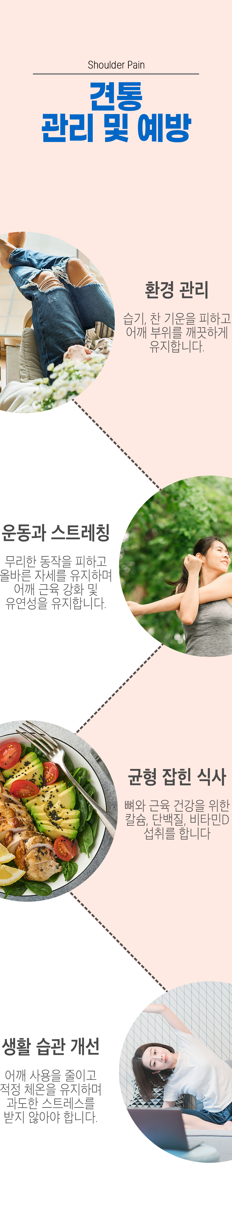 견통 관리 및 예방 ▷ 환경 관리 - 습기, 찬 기운을 피하고 어깨 부위를 깨끗하게 유지합니다. 운동과 스트레칭 - 무리한 동작을 피하고 올바른 자세를 유지하며 어깨 근육 강화 및 유연성을 유지합니다. 균형 잡힌 식사 - 뼈와 근육 건강을 위한 칼슘, 단백질, 비타민D 섭취를 합니다. 생활 습관 개선 - 어깨 상용을 줄이고 적정 체온을 유지하며 과도한 스트레스를 받지 않아야 합니다.