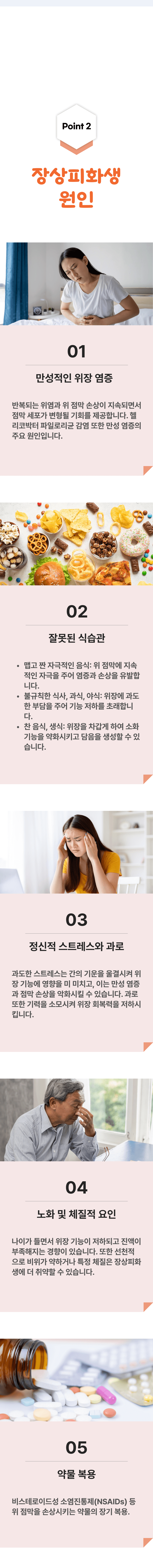 Point 2 장상피화생 원인 ▷ 01 만성적인 위염 염증 - 반복되는 위염과 위 점막 손상이 지속되면서 점막 세포가 변형될 기회를 제공합니다. 헬리코박터 파일로리균 감염 또한 만성 염증의 주요 원인입니다. 02 잘못된 식습관 - 맵고 짠 자극적인 음식 : 위 점막에 지속적인 자극을 주어 염증과 손상을 유발합니다. 불규칙한 식사, 과식, 야식 : 위장에 과도한 부담을 주어 기능 저하를 초래합니다. 찬 음식, 생식 : 위장을 차갑게 하여 소화 기능을 약화시키고 담음을 생성할 수 있습니다. 03 정신적 스트레스와 과로 - 과도한 스트레스는 간의 기운을 울결시켜 위장 기능에 영향을 미치고, 이는 만성 염증과 점막 손상을 악화시킬 수 있습니다. 과로 또한 기력을 소모시켜 위장 회복력을 저하시킵니다. 04 노화 및 체질적 요인 - 나이가 들면서 위장 기능이 저하되고 진액이 부족해지는 경향이 있습니다. 또한 선천적으로 비위가 약하거나 특정 체질은 장상피화생에 더 취약할 수 있습니다. 05 약물 복용 = 비스테로이드성 소염진통제(NSAIDs) 등 위 점막을 손상시키는 약물의 장기 복용.