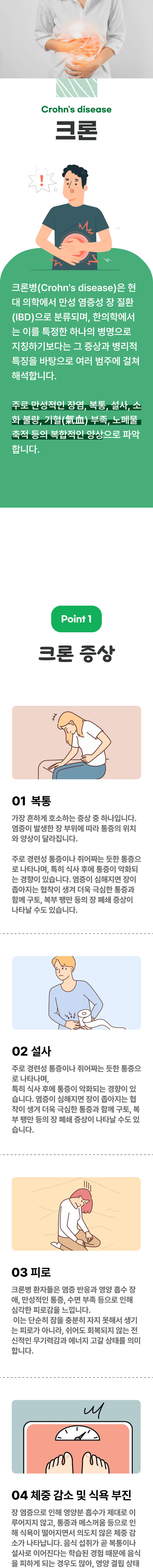 크론 ▷ 크론병(Crohn's disease)은 현대 의학에서 만성 염증성 장 질환(IBD)으로 분류되며, 한의학에서는 이를 특정한 하나의 병명으로 지칭하기보다는 그 증상과 병리적 특징을 바탕으로 여러 범주에 걸쳐 해석합니다. 주로 만성적인 장염, 복통, 설사, 소화 불량, 기혈 부족, 노폐물 출적 등의 복합적인 양상으로 파악합니다. 01 크론 증상 ▷ 1. 복통 - 가장 흔하게 호소하는 증상 중 하나입니다. 염증이 발생한 장 부위에 따라 통증의 위치와 양상이 달라집니다. 주로 경련성 통증이나 쥐어짜는 듯한 통증으로 나타나며, 특히 식사 후에 통증이 악화되는 경향이 있습니다. 염증이 심해지면 장이 좁아지는 협착이 생겨 더욱 극심한 통증과 함께 구토, 복부 팽만 등의 장 폐쇄 증상이 나타날 수도 있습니다. 2. 설사 - 주로 경련성 통증이나 쥐어짜는 듯한 통증으로 나타나며, 특히 식사 후에 통증이 악화되는 경향이 있습니다. 염증이 심해지면 장이 좁아지는 협착이 생겨 더욱 극심한 통증과 함께 구토, 복부 팽만 등의 장 폐쇄 증상이 나타날 수도 있습니다. 3. 피로 - 크론병 환자들은 염증 반응과 영양 흡수 장애, 만성적인 통증, 수면 부족 등으로 인해 심각한 피로감을 느낍니다. 이는 단순히 잠을 충분히 자지 못해서 생기는 피로가 아니라, 쉬어도 회복되지 않는 전신적인 무기력감과 에너지 고갈 상태를 의미합니다. 4. 체중 감소 및 식욕 부진 - 장 염증으로 인해 영양분 흡수가 제대로 이루어지지 않고, 통증과 메스꺼움 등으로 인해 식욕이 떨어지면서 의도치 않은 체중 감소가 나타납니다. 음식 섭취가 곧 복통이나 설사로 이어진다는 학습된 경험 때문에 음식을 피하게 되는 경우도 많아, 영양 결핍 상태에 빠지기 쉽습니다.