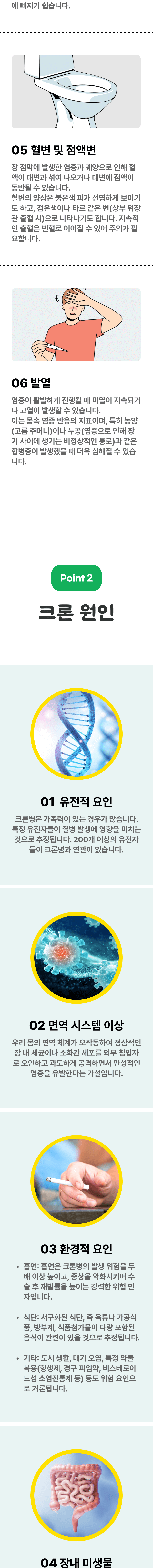 5. 혈변 및 점액변 - 장 점막에 발생한 염증과 궤양으로 인해 혈액이 대변과 섞여 나오거나 대변에 점액이 동반될 수 있습니다. 혈변의 양상은 붉은색 피가 선명하게 보이기도 하고, 검은색이나 타르 같은 변(상부 위장관 출혈 시)으로 나타나기도 합니다. 지속적인 출혈은 빈혈로 이어질 수 있어 주의가 필요합니다. 6. 발열 - 염증이 활발하게 진행될 때 미열이 지속되거나 고열이 발생할 수 있습니다. 이는 몸속 염증 반응의 지표이며, 특히 농양(고름 주머니)이나 누공(염증으로 인해 장기 사이에 생기는 비정상적인 통로)과 같은 합병증이 발생했을 때 더욱 심해질 수 있습니다. 02 크론 원인 ▷ 1. 유전적 요인 - 크론병은 가족력이 있는 경우가 많습니다. 특정 유전자들이 질병 발생에 영향을 미치는 것으로 추정됩니다. 200개 이상의 유전자들이 크론병과 연관이 있습니다. 2. 면역 시스템 이상 - 우리 몸의 면역 체계가 오작동하여 정상적인 장 내 세균이나 소화관 세포를 외부 침입자로 오인하고 과도하게 공격하면서 만성적인 염증을 유발한다는 가설입니다. 3. 환경적 요인 - 흡연 : 흡연은 크론병의 발생 위험을 두배 이상 높이고, 증상을 악화시키며 수술 후 재발률을 높이는 강력한 위험 인자입니다. 식단 : 서구화된 식단, 즉 육류나 가공식품, 방부제, 식품첨가물이 다량 포함된 음식이 관련이 있을 것으로 추정됩니다. 기타 : 도시 생활, 대기 오염, 특정 약물 복용(항생제, 경구 피임약, 비스테로이드성 소염진통제 등) 등도 위험 요인으로 거론됩니다.