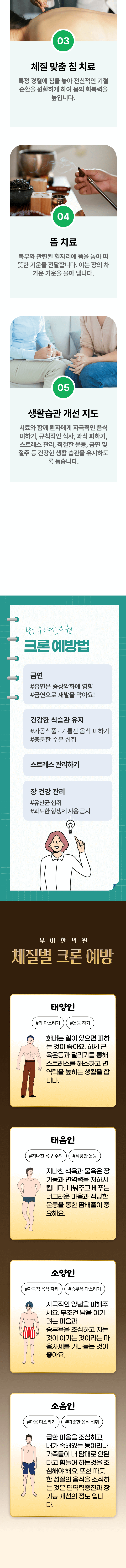 3. 체질 맞춤 침 치료 - 특정 경혈에 침을 놓아 전신적인 기혈 순환을 원활하게 하여 몸의 회복력을 높입니다. 4. 뜸 치료 - 복부와 관련된 혈자리에 뜸을 놓아 따뜻한 기운을 전달합니다. 이는 장의 차가운 기운을 몰아 냅니다. 5. 생활습관 개선 지도 - 치료와 함께 환자에게 자극적인 음식 피하기, 규칙적인 식사, 과식 피하기, 스트레스 관리, 적절한 운동, 금연 및 절주 등 건강한 생활 습관을 유지하도록 돕습니다. 크론 예방법 ▶ 금연 - 흡연은 증상악화에 영향, 금연으로 재발을 막아요! 건강한 식습관 유지 - 가공식품, 기름진 음식 피하기, 충분한 수분 섭취. 스트레스 관리하기. 장 건강 관리 - 유산균 섭취, 과도한 항생제 사용 금지. 부야한의원 체질별 크론 예방 ▶ 태양인 - 화 다스리기, 운동 하기. 화내는 일이 있으면 피하는 것이 좋아요, 하체 근육운동과 달리기를 통해 스트레스를 해소하고 면역력을 높히는 생활을 합니다. 태음인 - 지나친 욕구 주의. 적당한 운동. 지나친 색욕과 물욕은 장기능과 면역력을 저하시킵니다. 나눠주고 베푸는 너그러운 마음과 적당한 운동을 통한 땀배출이 중요해요. 소양인 - 자극적 음식 자제. 승부욕 다스리기. 자극적인 양념을 피해주세요. 무조건 남을 이기려는 마음과 승부욕을 조심하고 지는 것이 이기는 것이라는 마음자세를 가다듬는 것이 좋아요. 소음인 - 마음 다스리기. 따뜻한 음식 섭취. 급한 마음을 조심하고, 내가 속해있는 동아리나 가족들이 내 맘대로 안된다고 힘들어 하는 것을 조심해야 해요. 또한 따뜻한 성질의 음식을 소식하는 것은 면역력증진과 장기능 개선의 정도입니다.