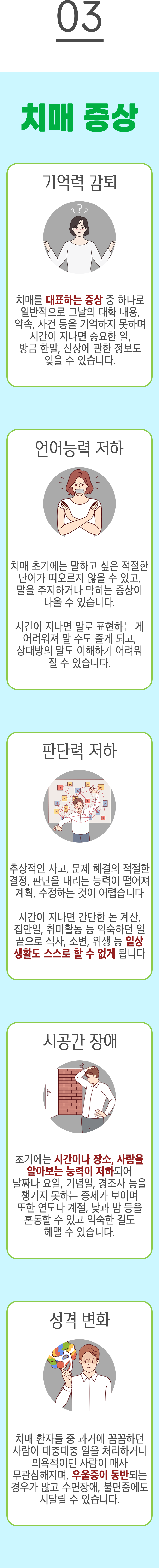 03. 치매 증상 ▷ 기억력 감퇴 - 치매를 대표하는 증상 중 하나로 일반적으로 그날의 대화 내용, 약속, 사건 등을 기억하지 못하며 사건이 지나면 중요한 일, 방금 한 말, 신상에 관한 정보도 잊을 수 있습니다. 언어능력 저하 - 치매 초기에는 말하고 싶은 적절한 단어가 떠오르지 않을 수 있고, 말을 주저하거나 막히는 증상이 나올 수 있습니다. 시간이 지나면 말로 표현하는 게 어려워져 말 수도 줄게 되고, 상대방의 말도 이해하기 어려워질 수 있습니다. 판단력 저하 - 추상적인 사고, 문제 해결의 적절한 결정, 판단을 내리는 능력이 떨어져 계획, 수정하는 것이 어렵습니다. 시간이 지나면 간단한 돈 계산, 집안일, 취미활동 등 익숙하던 일 끝으로 식사, 소변, 위생 등 일상 생활도 스스로 할 수 없게 됩니다. 시공간 장애 - 초기에는 시간이나 장소, 사람을 알아보는 능력이 저하되어 날짜나 요일, 기념일, 경조사 등을 챙기지 못하는 증세가 보이며, 또한 연도나 계절, 낮과 밤 등을 혼동할 수 있고 익숙한 길고 헤맬 수 있습니다. 성격 변화 - 치매 환자들 중 과거 꼼꼼하던 사람이 대충대충 일을 처리하거나 의욕적이던 사람이 매사 무관심해지며, 우울증이 동반되는 경우가 많고 수면장애, 불면증에도 시달릴 수 있습니다.