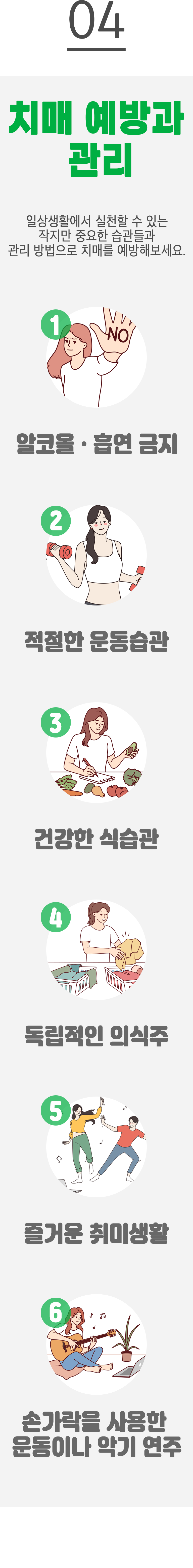 04. 치매 예방과 관리 ▷ 일상생활에서 실천할 수 있는 작지만 중요한 습관들과 관리 방법으로 치매를 예방해보세요. 1. 알코올·흡연 금지, 2. 적절한 운동습관, 3. 건강한 식습관, 4. 독립적인 의식주, 5. 즐거운 취미생활, 6. 손가락을 사용한 운동이나 악기 연주.