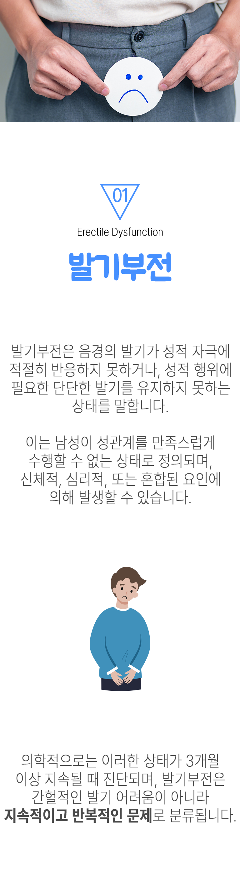 01 발기부전 ▷ 발기부전은 음경의 발기가 성적 자극에 적절히 반응하지 못하거나, 성적 행위에 필요한 단단한 발기를 유지하지 못하는 상태를 말합니다. 이는 남성이 성관계를 만족스럽게 수행할 수 없는 상태로 정의되며, 신체적, 심리적, 또는 혼합되 ㄴ요인에 의해 발생할 수 있습니다. 의학적으로는 이러한 상태가 3개월 이상 지속될 때 진단되며, 발기부전은 간헐적인 발기 어려움이 아니라 지속적이고 반복적인 문제로 분류됩니다.