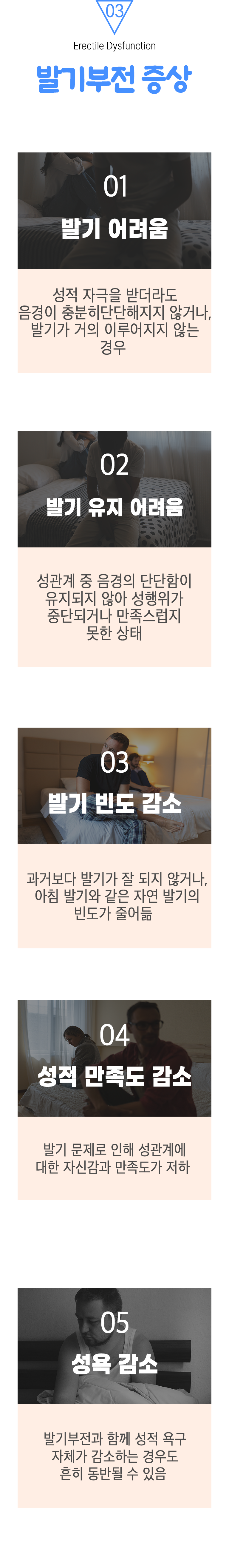 03 발기부전 증상 ▷ 1. 발기 어려움 - 성적 자극을 받더라도 음경이 충분히 단단해지지 않거나 발기가 거의 이루어지지 않는 경우 2. 발기 유지 어려움 - 성관계 중 음경의 단단함이 유지되지 않아 성행위가 중단되거나 만족스럽지 못한 상태. 3. 발기 빈도 감소 - 과거보다 발기가 잘 되지 않거나, 아침 발기와 같은 자연 발기의 빈도가 줄어듦. 4. 성적 만족도 감소 - 발기 문제로 인해 성관계에 대한 자신감과 만족도가 저하. 5. 성욕 감소 - 발기부전과 함께 성적 욕구 자체가 감소하는 경우도 흔히 동반될 수 있음. 