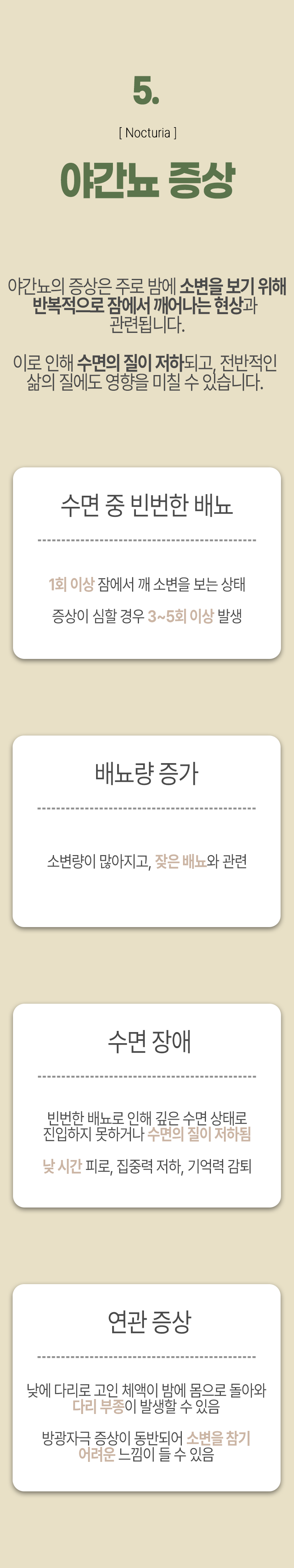 05 야간뇨 증상 ▷ 야간뇨의 증상은 주로 밤에 소변을 보기 위해 반복적으로 잠에서 깨어나는 현상과 관련됩니다. 이로 인해 수면의 질이 저하되고 전반적인 삶의 질에도 영향을 미칠 수 있습니다.수면 중 빈번한 배뇨 - 1회 이상 잠에서 깨 소변을 보는 상태 증상이 심할 경우 3~5회 이상 발생. 배뇨량 증가 - 소변량이 많아지고, 잦은 배뇨와 관련. 수면 장애 - 빈번한 배뇨로 인해 깊은 수면 상태로 진입하지 못하거나 수면의 질이 저하됨 낮 시간 피로, 집중력 저하, 기억력 감퇴. 연관 증상 - 낮에 다리로 고인 체액이 밤에 몸으로 돌아와 다리 부종이 발생할 수 있음 방광자극 증상이 동반되어 소변을 참기 어려운 느낌이 들 수 있음.