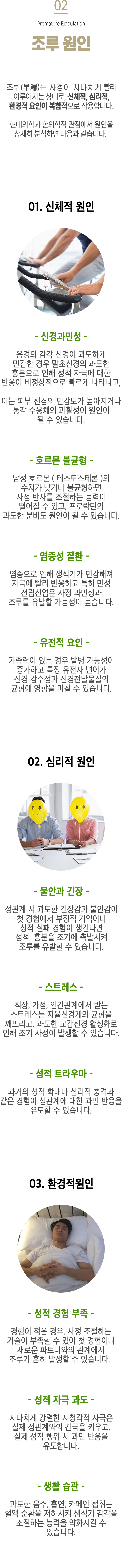 02 조루 원인 ▷ 조루(早漏)는 사정이 지나치게 빨리 이루어지는 상태로, 신체적, 심리적, 환경적 요인이 복합적으로 작용합니다. 현대의학과 한의학적 관점에서 원인을 상세히 분석하면 다음과 같습니다. 1. 신체적 원인 ▶ ① 신경과민성 - 음경의 감각 신경이 과도하게 민감한 경우 말초신경의 과도한 흥분으로 인해 성적 자극에 대한 반응이 비정상적으로 빠르게 나타나고, 이는 피부 신경의 민감도가 높아지거나 통각 수용체의 과활성이 원인이 될 수 있습니다. ② 호르몬 불균형 - 남성 호르몬(테스토스테론)의 수치가 낮거나 불균형하면 사정 반사를 조절하는 능력이 떨어질 수 있고, 프로락틴의 과도한 분비도 원인이 될 수 있습니다. ③ 염증성 질환 - 염증으로 인해 생식기가 민감해져 자극에 빨리 반응하고 특히 만성 전립선염은 사정 과민성과 조루를 유발할 가능성이 높습니다. ④ 유전적 요인 - 가족력이 있는 경우 발병 가능성이 증가하고 특정 유전자 변이가 신경 감수성과 신경전달물질의 균형에 영향을 미칠 수 있습니다. 2. 심리적 원인 ▶ ① 불안과 긴장 - 성관계 시 과도한 긴장감과 불안감이 첫 경험에서 부정적 기억이나 성적 실패 경험이 생기다면 성적 흥분을 조기에 촉발시켜 조루를 유발 할 수 있습니다. ② 스트레스 - 직장, 가정, 인간관계에서 받는 스트레스는 자율신경계의 균형을 깨뜨리고, 과도한 교감신경 활성화로 인해 조기 사정이 발생할 수 있습니다. ③ 성적 트라우마 - 과거의 성적 학대나 심리적 충격과 같은 경험이 성관계에 대한 과민 반응을 유도할 수 있습니다. 3. 환경적 원인 ▶ ① 성적 경험 부족 - 경험이 적은 경우, 사정 조절하는 기술이 부족할 수 있어 첫 경험이나 새로운 파트너와의 관계에서 조루가 흔히 발생할 수 있습니다. ② 성적 자극 과도 - 지나치게 강렬한 시청각적 자극은 실제 성관계와의 간극을 키우고, 실제 성적 행위 시 과민 반응을 유도합니다. ③ 생활 습관 - 과도한 음주, 흡연, 카페인 섭취는 혈액 순환을 저하시켜 생식기 감각을 조절하는 능력을 약화시킬 수 있습니다.