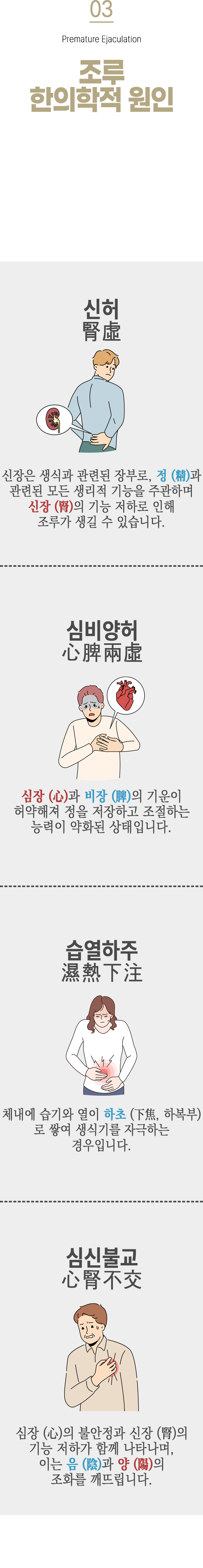 03 조루 한의학적 원인 ▷ 신허(腎虛) - 신장은 생식과 관련된 장부로, 정(精)과 관련된 모든 생리적 기능을 주관하며 신장(腎)의 기능 저하로 인해 조루가 생길 수 있습니다. 심비양허(心脾兩虛) - 심장(心)과 비장(脾)의 기운이 허약해져 정을 저장하고 조절하는 능력이 약화된 상태입니다. 습열하주(濕熱下注) - 체내에 습기와 열이 하초(下焦, 하복부)로 쌓여 생식기를 자극하는 경우입니다. 심신불교(心腎不交) - 심장(心)이 불안안정과 신장(腎)의 기능 저하가 함께 나타나며, 이는 음(陰)과 양(陽)의 조화를 깨뜨립니다.