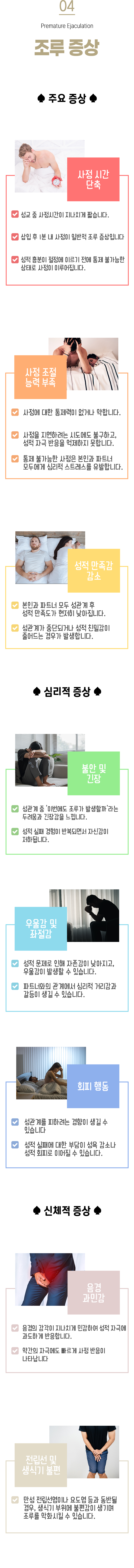 04 조루증상 ▷ 주요 증상 ▶ ① 사정 시간 단축 - 성교 중 사정시간이 지나치게 짧습니다. 삽입 후 1분 내 사정이 일반적 조루 증상입니다. 성적 흥분이 절정에 이르기 전에 통제 불가능한 상태로 사정이 이루어집니다. ② 사정 조절 능력 부족 - 사정에 대한 통제력이 없거나 약합니다. 사정을 지연하려는 시도에도 불구하고, 성적 자극 반응을 억제하지 못합니다. 통제 불가능한 사정은 본인과 파트너 모두에게 심리적 스트레스를 유발합니다. ③ 성적 만족감 감소 - 본인과 파트너 모두 성관계 후 성적 만족도가 현저히 낮아집니다. 성관계가 중단되거나 성적 친밀감이 줄어드는 경우가 발생합니다. 심리적 증상 ▶ ① 불안 및 긴장 - 성관계 중 '이번에도 조루가 발생할까'라는 두려움과 긴장감을 느낍니다. 성적 실패 경험이 반복되면서 자신감이 저하됩니다. ② 우울감 및 좌절감 - 성적 문제로 인해 자존감이 낮아지고, 우울감이 발생할 수 있습니다. 파트너와의 관계에서 심리적 거리감과 갈등이 생길 수 있습니다. ③ 회피 행동 - 성관계를 피하려는 경향이 생길 수 있습니다. 성적 실패에 대한 부담이 성욕 감소나 성적 회피로 이어질 수 있습니다. 신체적 증상 ▶ ① 음경 과민감 - 음경의 감각이 지나치게 민감하여 성적 자극에 과도하게 반응합니다. 약간의 자극에도 빠르게 사정 반응이 나타납니다. ② 전립선 및 생식기 불편 - 만성 전립선염이나 요도염 등과 동반될 경우, 생식기 부위에 불편감이 생기며 조루를 악화시킬 수 있습니다.