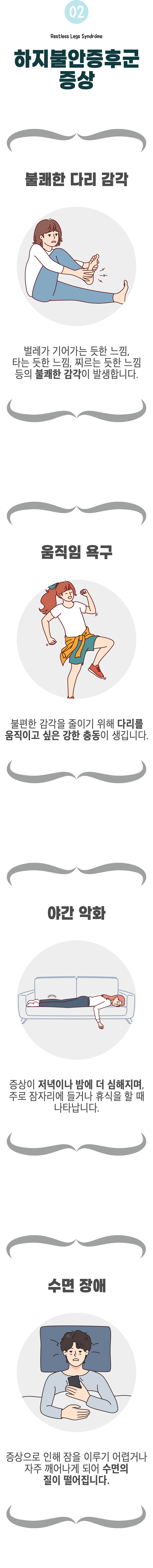 02 하지불안증후군 증상 ▷ 불쾌한 다리 감각 - 벌레가 기어가는 듯한 느낌, 타는 듯한 느낌, 찌르는 듯한 느낌 등의 불쾌한 감각이 발생합니다. 움직임 욕구 - 불편한 감각을 줄이기 위해 다리를 움직이고 싶은 강한 충동이 생깁니다. 야간 익화 - 증상이 저녁이나 밤에 더 심해지며, 주로 잠자리에 들거나 휴식을 할 때 나타납니다. 수면 장애 - 증상으로 인해 잠을 이루기 어렵거나 자주 깨어나게 되어 수면의 질이 떨어집니다.