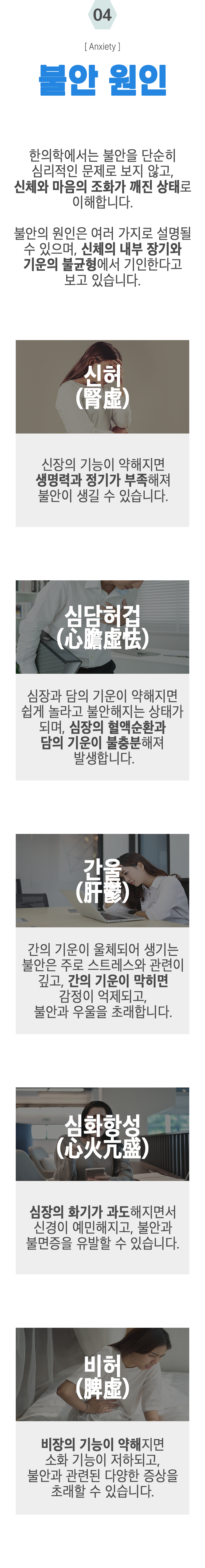 04 불안 원인 ▷ 한의학에서는 불안을 단순히 심리적인 문제로 보지 않고, 신체와 마음의 조화가 깨진 상태로 이해합니다. 불안의 원인은 여러 가지로 설명될 수 있으며, 신체의 내부 장기와 기운의 불균형에서 기인한다고 보고 있습니다. 신허(腎虛) - 신장의 기능이 약해지면 생명력과 정기가 부족해져 불안이 생길 수 있습니다. 심담허겁(心膽虛怯) - 심장과 담의 기운이 약해지면 쉽게 놀라고 불안해지는 상태가 되며, 심장의 혈액순환과 담의 기운이 불충분해져 발생합니다. 간울(肝鬱) - 간의 기운이 울체되어 생기는 불안은 주로 스트레스와 관련이 깊고, 간의 기운이 막히면 감정이 억제되고, 불안과 우울을 초래합니다. 심화항성(心火亢盛) - 심장의 화기가 과도해지면서 신경이 예민해지고, 불안과 불면증을 유발할 수 있습니다. 비허(脾虛) - 비장의 기능이 약해지면 소화 기능이 저하되고, 불안과 관련된 다양한 증상을 초래할 수 있습니다.