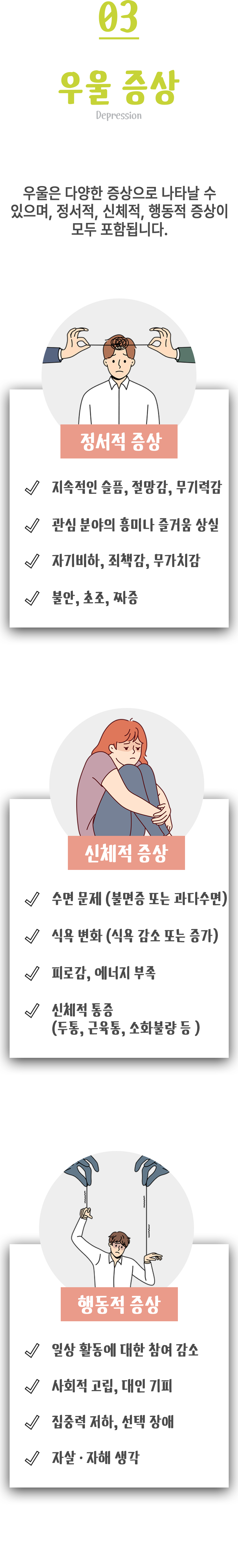 03 우울 증상 ▷ 우울은 다양한 증상으로 나타날 수 있으며, 정서적, 신체적, 행동적 증상이 모두 포함됩니다. 정서적 증상 - ① 지속적인 슬픔, 절망감, 무기력감 ② 관심 분야의 흥미나 즐거움 상실 ③ 자기비하, 죄책감, 무가치감 ④ 불안, 초조, 짜증. 신체적 증상 - ① 수면 문제(불면증 또는 과다수면) ② 식욕 변화(씩욕 감소 또는 증가) ③ 피로감, 에너지 부족 ④ 신체적 통증(두통, 근육통, 소화불량 등). 행동적 증상 - ① 일상 활동에 대한 참여 감소 ② 사회적 고립, 대인 기피 ③ 집중력 저하, 선택 장애 ④ 자살·자해 생각.