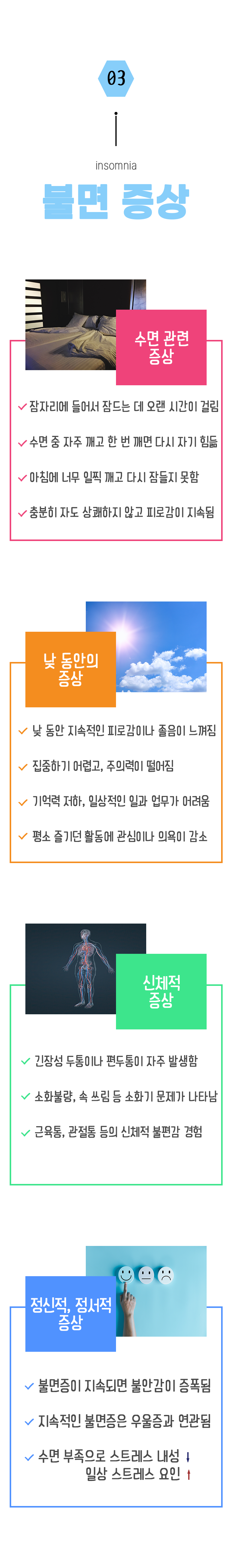 03 불면 증상 ▷ 수면 관련 증상 ① 잠자리에 들어서 잠드는 데 오랜 시간이 걸림 ② 수면 중 자주 깨고 한 번 깨면 다시 자기 힘듦 ③ 아침에 너무 일찍 깨고 다시 잠들지 못함 ④ 충분히 자도 상쾌하지 않고 피로감이 지속됨. 낮 동안의 증상 ① 낮 동안 지속적인 피로감이나 졸음이 느껴짐 ② 집중하기 어렵고, 주의력이 떨어짐 ③ 기억력 저하, 일상적인 일과 업무가 어려움 ④ 평소 즐기던 활동에 관심이나 의욕이 감소. 신체적 증상 ① 긴장성 두통이나 편두통이 자주 발생함 ② 소화불량, 속 쓰림 등 소화기 문제가 나타남 ③ 근육통, 관절통 등의 신체적 불편감 경험. 정신적, 정서적 증상 ① 불면증이 지속되면 불안감이 증폭됨 ② 지속적인 불면증은 우울증과 연관됨 ③ 수면 부족으로 스트레스 내성↓, 일상 스트레스 요인↑