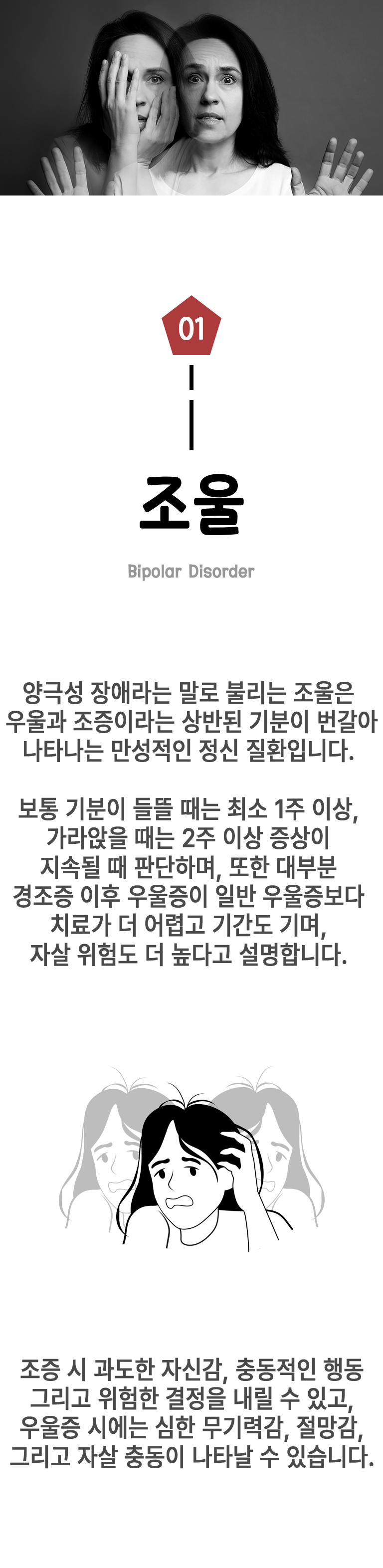 01 조울 ▷ 양극성 장애라는 말로 불리는 조울은 우울과 조증이라는 상반된 기분이 번갈아 나타나는 만성적인 정신 질환입니다. 보통 기분이 들뜰 때는 최소 1주 이상, 가라앉을 때는 2주 이상 증상이 지속될 때 판단하며, 또한 대부분 경조증 이후 우울증이 일반 우울증보다 치료가 더 어렵고 기간도 기며, 자살 위험도 더 높다고 설명합니다. 조증 시 과도한 자신감, 충동적인 행동 그리고 위험한 결정을 내릴 수 있고, 우울증 시에는 심한 무기력감, 절망감, 그리고 자살 충동이 나타날 수 있습니다.